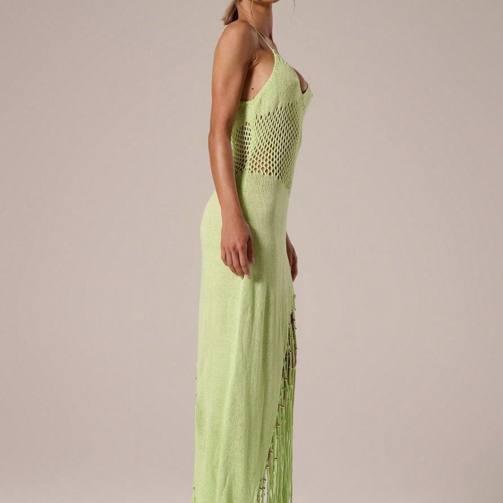 Lime Green Casual Women's Crochet Knit Beaded Fringing Maxi Cover Up Dress - Picture 3 of 6